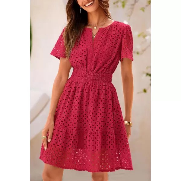 imagePRETTYGARDEN Womens 2024 Summer Short Dress V Neck Short Sleeve A Line Hollow Out Lace Ruffle Cute Casual Beach Party DressesRed