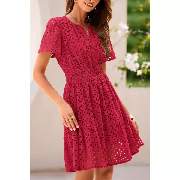 imagePRETTYGARDEN Womens 2024 Summer Short Dress V Neck Short Sleeve A Line Hollow Out Lace Ruffle Cute Casual Beach Party DressesRed