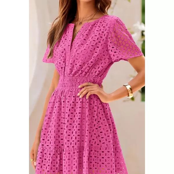 imagePRETTYGARDEN Womens 2024 Summer Short Dress V Neck Short Sleeve A Line Hollow Out Lace Ruffle Cute Casual Beach Party DressesRose Red