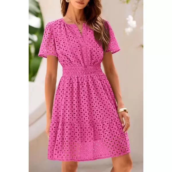 imagePRETTYGARDEN Womens 2024 Summer Short Dress V Neck Short Sleeve A Line Hollow Out Lace Ruffle Cute Casual Beach Party DressesRose Red