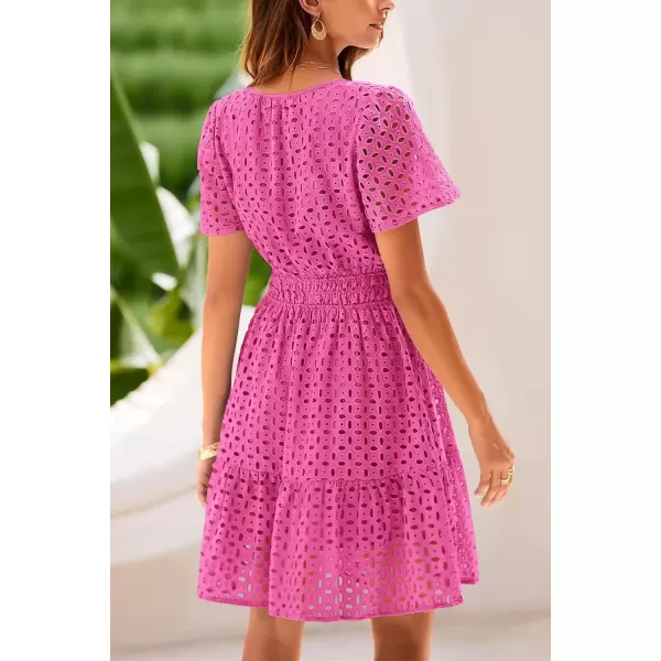 imagePRETTYGARDEN Womens 2024 Summer Short Dress V Neck Short Sleeve A Line Hollow Out Lace Ruffle Cute Casual Beach Party DressesRose Red