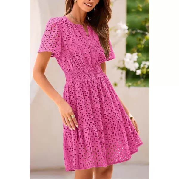 imagePRETTYGARDEN Womens 2024 Summer Short Dress V Neck Short Sleeve A Line Hollow Out Lace Ruffle Cute Casual Beach Party DressesRose Red
