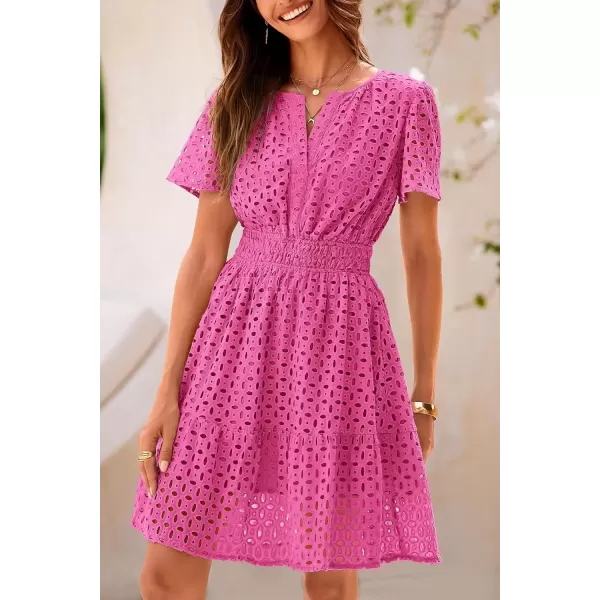 imagePRETTYGARDEN Womens 2024 Summer Short Dress V Neck Short Sleeve A Line Hollow Out Lace Ruffle Cute Casual Beach Party DressesRose Red