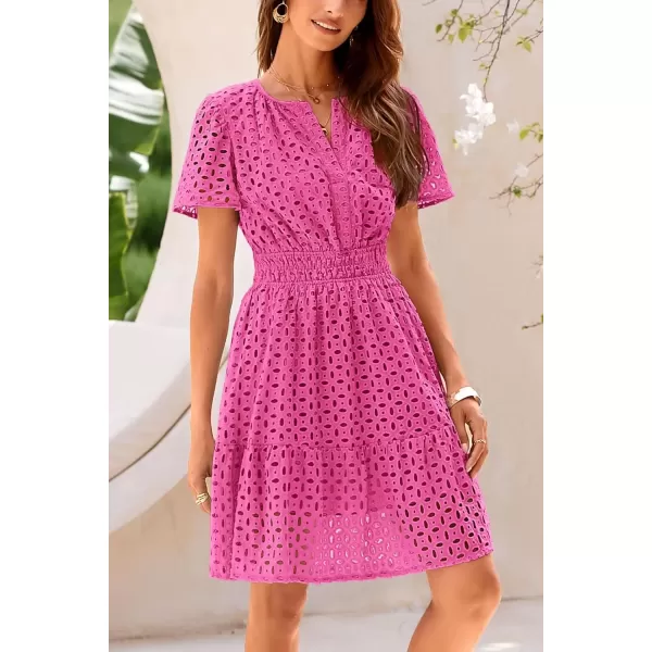 imagePRETTYGARDEN Womens 2024 Summer Short Dress V Neck Short Sleeve A Line Hollow Out Lace Ruffle Cute Casual Beach Party DressesRose Red