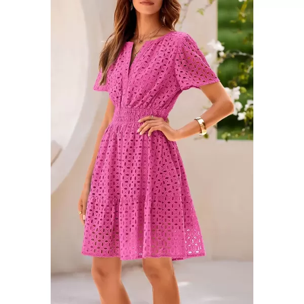 imagePRETTYGARDEN Womens 2024 Summer Short Dress V Neck Short Sleeve A Line Hollow Out Lace Ruffle Cute Casual Beach Party DressesRose Red