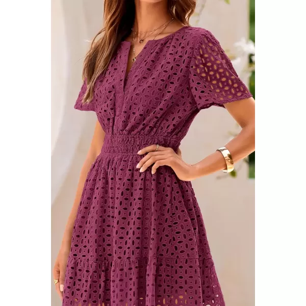 imagePRETTYGARDEN Womens 2024 Summer Short Dress V Neck Short Sleeve A Line Hollow Out Lace Ruffle Cute Casual Beach Party DressesWine Red