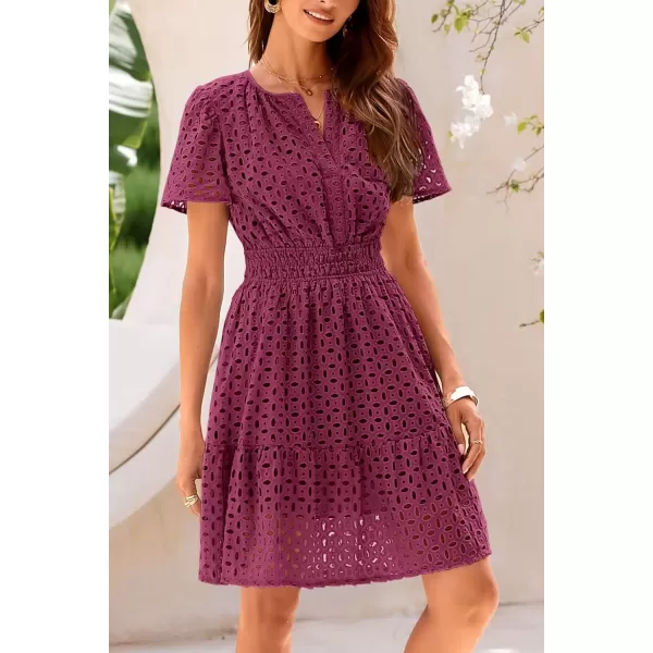 imagePRETTYGARDEN Womens 2024 Summer Short Dress V Neck Short Sleeve A Line Hollow Out Lace Ruffle Cute Casual Beach Party DressesWine Red