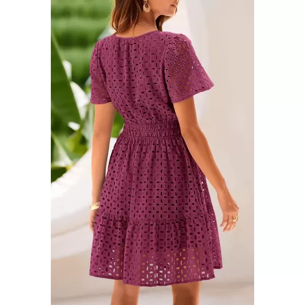 imagePRETTYGARDEN Womens 2024 Summer Short Dress V Neck Short Sleeve A Line Hollow Out Lace Ruffle Cute Casual Beach Party DressesWine Red