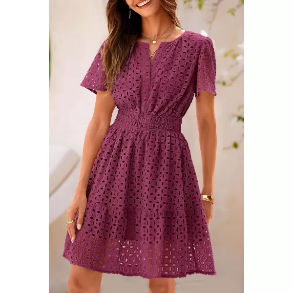 imagePRETTYGARDEN Womens 2024 Summer Short Dress V Neck Short Sleeve A Line Hollow Out Lace Ruffle Cute Casual Beach Party DressesWine Red