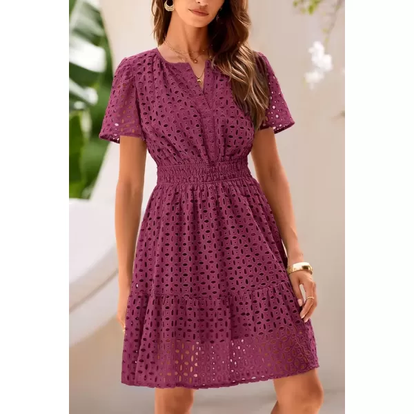 imagePRETTYGARDEN Womens 2024 Summer Short Dress V Neck Short Sleeve A Line Hollow Out Lace Ruffle Cute Casual Beach Party DressesWine Red