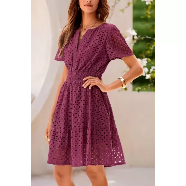 imagePRETTYGARDEN Womens 2024 Summer Short Dress V Neck Short Sleeve A Line Hollow Out Lace Ruffle Cute Casual Beach Party DressesWine Red