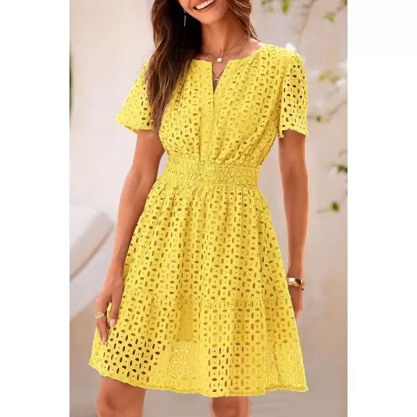 imagePRETTYGARDEN Womens 2024 Summer Short Dress V Neck Short Sleeve A Line Hollow Out Lace Ruffle Cute Casual Beach Party DressesYellow