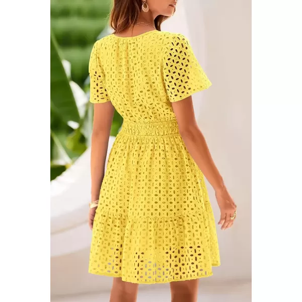imagePRETTYGARDEN Womens 2024 Summer Short Dress V Neck Short Sleeve A Line Hollow Out Lace Ruffle Cute Casual Beach Party DressesYellow