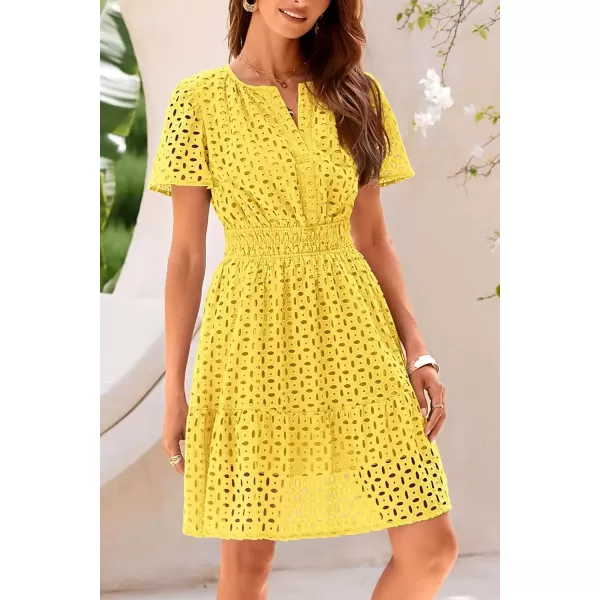 imagePRETTYGARDEN Womens 2024 Summer Short Dress V Neck Short Sleeve A Line Hollow Out Lace Ruffle Cute Casual Beach Party DressesYellow