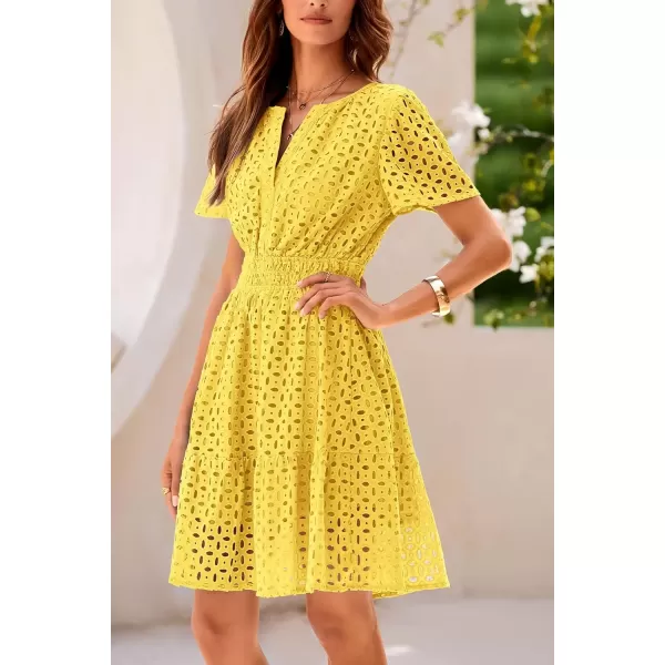 imagePRETTYGARDEN Womens 2024 Summer Short Dress V Neck Short Sleeve A Line Hollow Out Lace Ruffle Cute Casual Beach Party DressesYellow