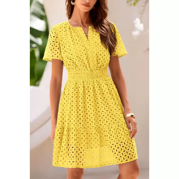 imagePRETTYGARDEN Womens 2024 Summer Short Dress V Neck Short Sleeve A Line Hollow Out Lace Ruffle Cute Casual Beach Party DressesYellow