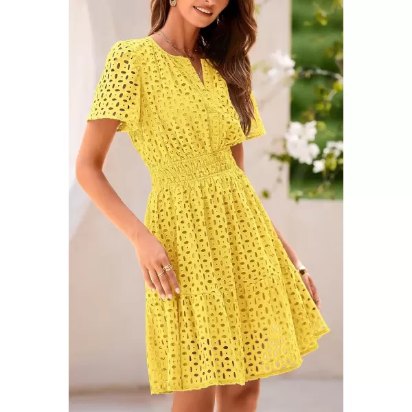imagePRETTYGARDEN Womens 2024 Summer Short Dress V Neck Short Sleeve A Line Hollow Out Lace Ruffle Cute Casual Beach Party DressesYellow
