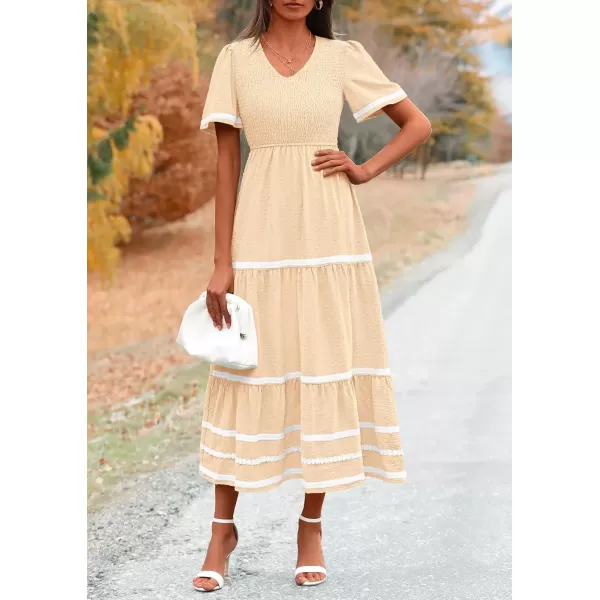imagePRETTYGARDEN Womens Casual Summer Maxi Dress Short Sleeve Swiss Dot V Neck Smocked Long Flowy Beach DressesApricot