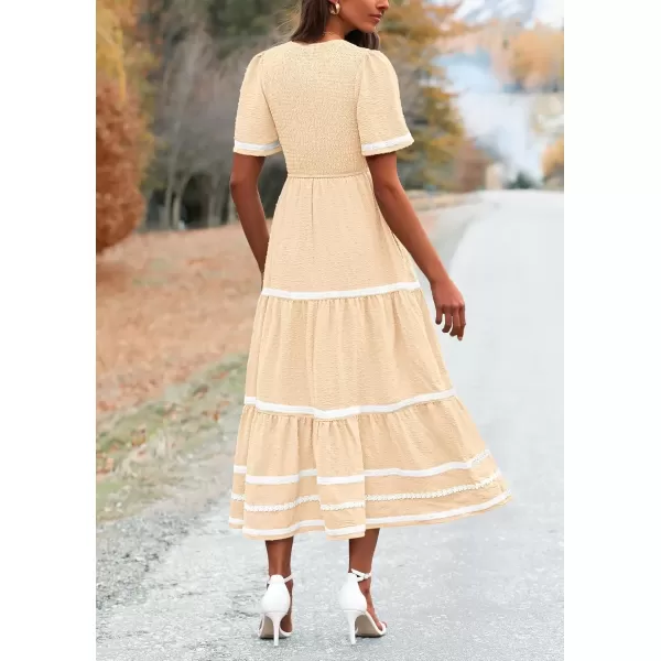 imagePRETTYGARDEN Womens Casual Summer Maxi Dress Short Sleeve Swiss Dot V Neck Smocked Long Flowy Beach DressesApricot
