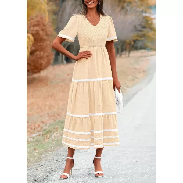 imagePRETTYGARDEN Womens Casual Summer Maxi Dress Short Sleeve Swiss Dot V Neck Smocked Long Flowy Beach DressesApricot