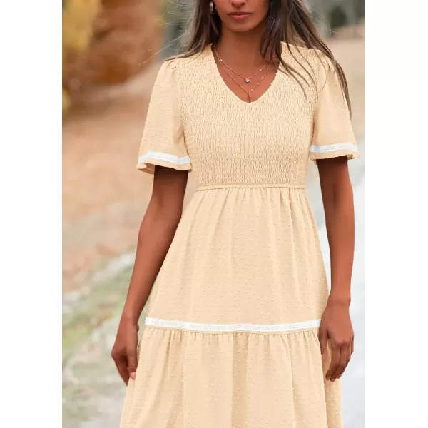imagePRETTYGARDEN Womens Casual Summer Maxi Dress Short Sleeve Swiss Dot V Neck Smocked Long Flowy Beach DressesApricot