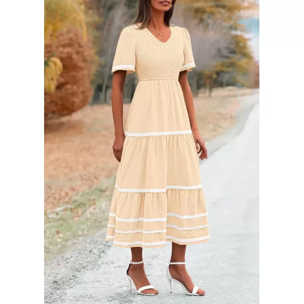 imagePRETTYGARDEN Womens Casual Summer Maxi Dress Short Sleeve Swiss Dot V Neck Smocked Long Flowy Beach DressesApricot