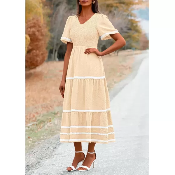 imagePRETTYGARDEN Womens Casual Summer Maxi Dress Short Sleeve Swiss Dot V Neck Smocked Long Flowy Beach DressesApricot