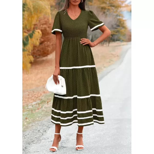 imagePRETTYGARDEN Womens Casual Summer Maxi Dress Short Sleeve Swiss Dot V Neck Smocked Long Flowy Beach DressesArmy Green