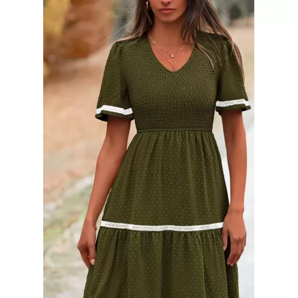 imagePRETTYGARDEN Womens Casual Summer Maxi Dress Short Sleeve Swiss Dot V Neck Smocked Long Flowy Beach DressesArmy Green