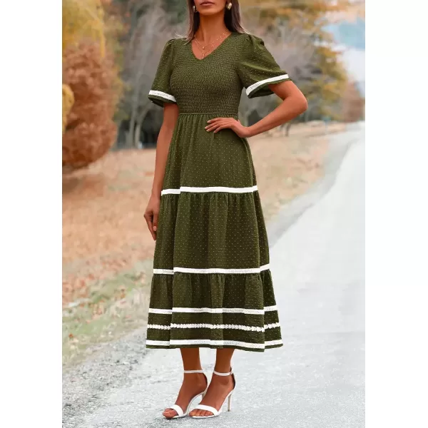 imagePRETTYGARDEN Womens Casual Summer Maxi Dress Short Sleeve Swiss Dot V Neck Smocked Long Flowy Beach DressesArmy Green