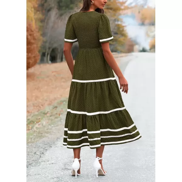 imagePRETTYGARDEN Womens Casual Summer Maxi Dress Short Sleeve Swiss Dot V Neck Smocked Long Flowy Beach DressesArmy Green