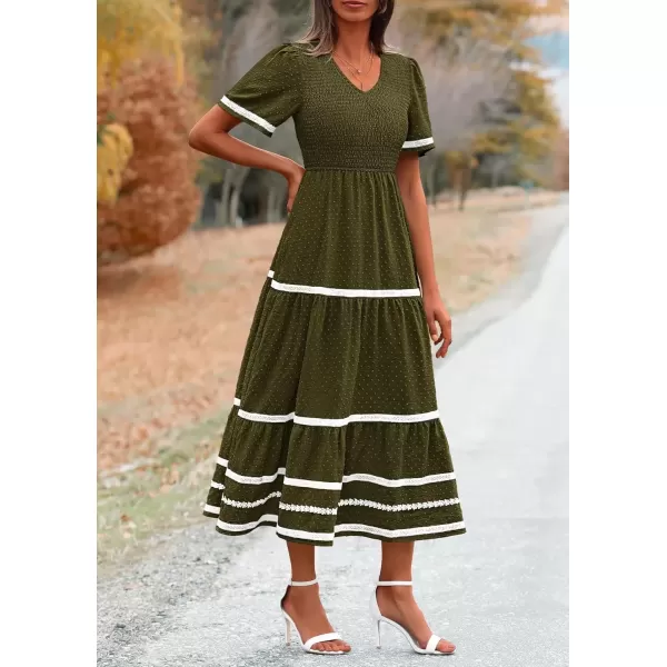 imagePRETTYGARDEN Womens Casual Summer Maxi Dress Short Sleeve Swiss Dot V Neck Smocked Long Flowy Beach DressesArmy Green