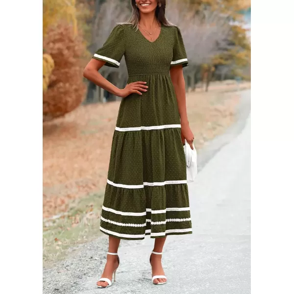 imagePRETTYGARDEN Womens Casual Summer Maxi Dress Short Sleeve Swiss Dot V Neck Smocked Long Flowy Beach DressesArmy Green