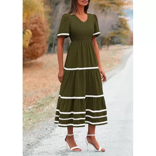 imagePRETTYGARDEN Womens Casual Summer Maxi Dress Short Sleeve Swiss Dot V Neck Smocked Long Flowy Beach DressesArmy Green