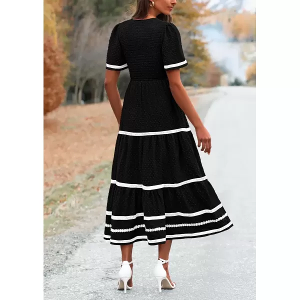 imagePRETTYGARDEN Womens Casual Summer Maxi Dress Short Sleeve Swiss Dot V Neck Smocked Long Flowy Beach DressesBlack