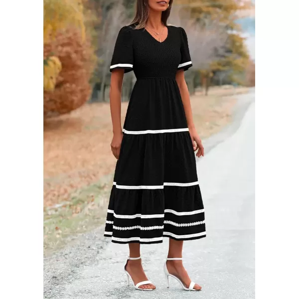 imagePRETTYGARDEN Womens Casual Summer Maxi Dress Short Sleeve Swiss Dot V Neck Smocked Long Flowy Beach DressesBlack