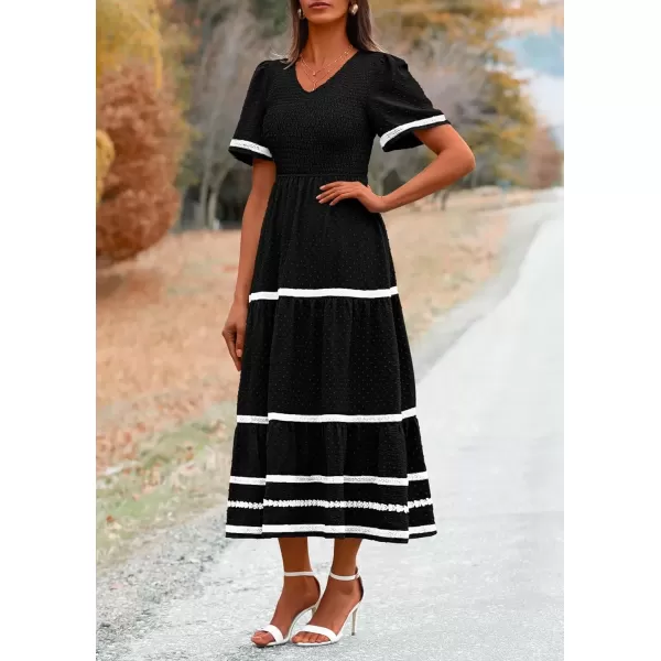 imagePRETTYGARDEN Womens Casual Summer Maxi Dress Short Sleeve Swiss Dot V Neck Smocked Long Flowy Beach DressesBlack