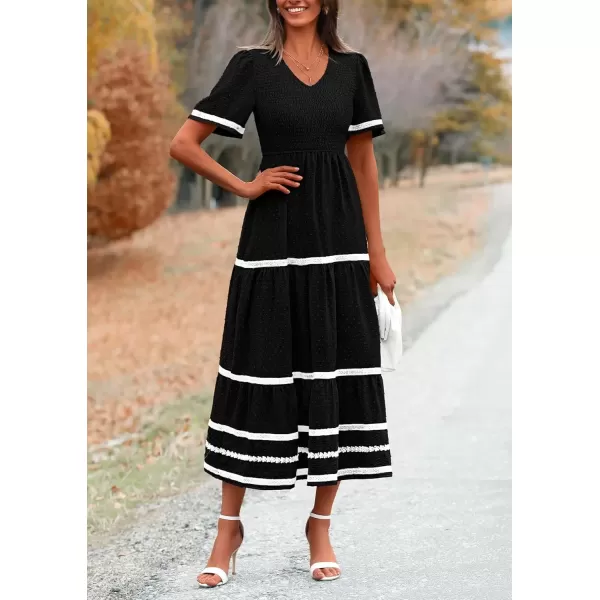 imagePRETTYGARDEN Womens Casual Summer Maxi Dress Short Sleeve Swiss Dot V Neck Smocked Long Flowy Beach DressesBlack