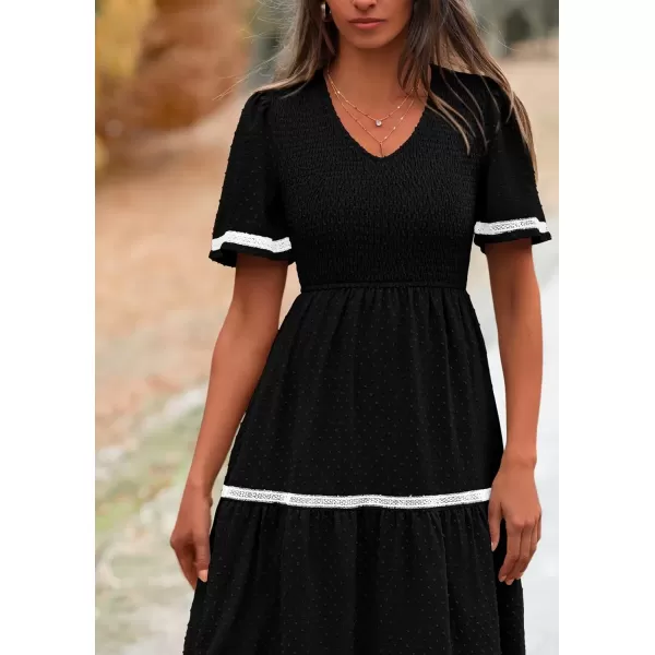 imagePRETTYGARDEN Womens Casual Summer Maxi Dress Short Sleeve Swiss Dot V Neck Smocked Long Flowy Beach DressesBlack
