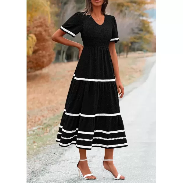 imagePRETTYGARDEN Womens Casual Summer Maxi Dress Short Sleeve Swiss Dot V Neck Smocked Long Flowy Beach DressesBlack