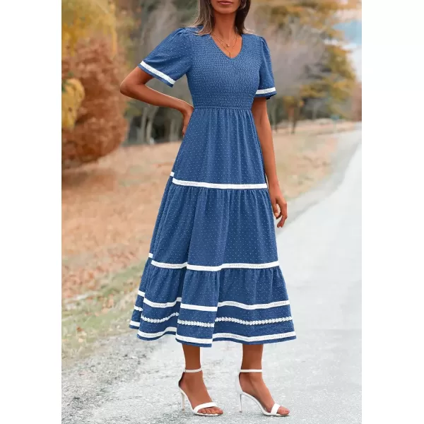 imagePRETTYGARDEN Womens Casual Summer Maxi Dress Short Sleeve Swiss Dot V Neck Smocked Long Flowy Beach DressesBlue