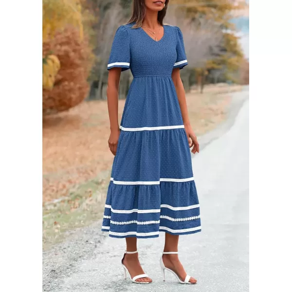 imagePRETTYGARDEN Womens Casual Summer Maxi Dress Short Sleeve Swiss Dot V Neck Smocked Long Flowy Beach DressesBlue