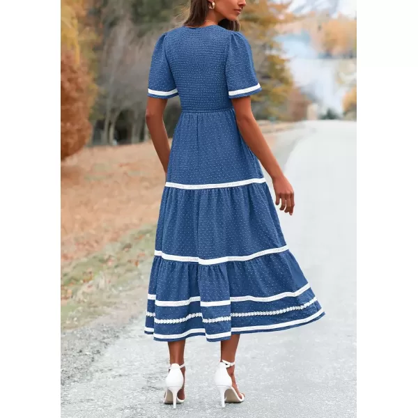 imagePRETTYGARDEN Womens Casual Summer Maxi Dress Short Sleeve Swiss Dot V Neck Smocked Long Flowy Beach DressesBlue