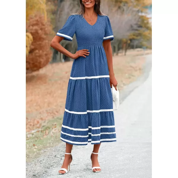 imagePRETTYGARDEN Womens Casual Summer Maxi Dress Short Sleeve Swiss Dot V Neck Smocked Long Flowy Beach DressesBlue
