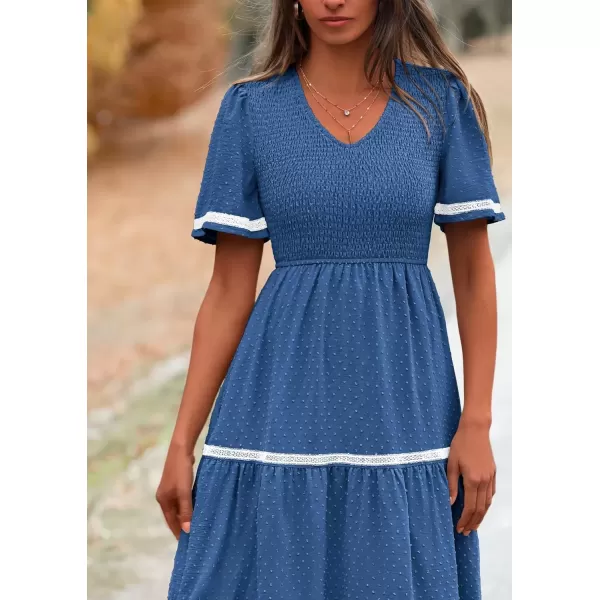 imagePRETTYGARDEN Womens Casual Summer Maxi Dress Short Sleeve Swiss Dot V Neck Smocked Long Flowy Beach DressesBlue