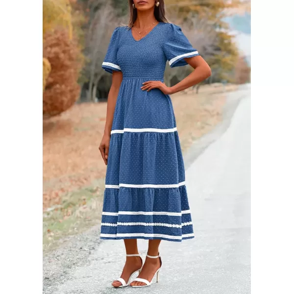imagePRETTYGARDEN Womens Casual Summer Maxi Dress Short Sleeve Swiss Dot V Neck Smocked Long Flowy Beach DressesBlue
