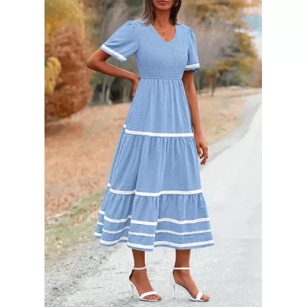 imagePRETTYGARDEN Womens Casual Summer Maxi Dress Short Sleeve Swiss Dot V Neck Smocked Long Flowy Beach DressesLight Blue