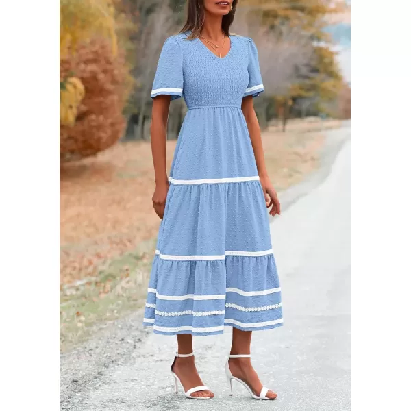 imagePRETTYGARDEN Womens Casual Summer Maxi Dress Short Sleeve Swiss Dot V Neck Smocked Long Flowy Beach DressesLight Blue