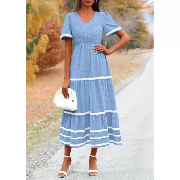 imagePRETTYGARDEN Womens Casual Summer Maxi Dress Short Sleeve Swiss Dot V Neck Smocked Long Flowy Beach DressesLight Blue