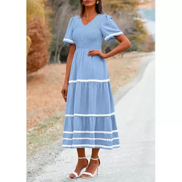 imagePRETTYGARDEN Womens Casual Summer Maxi Dress Short Sleeve Swiss Dot V Neck Smocked Long Flowy Beach DressesLight Blue